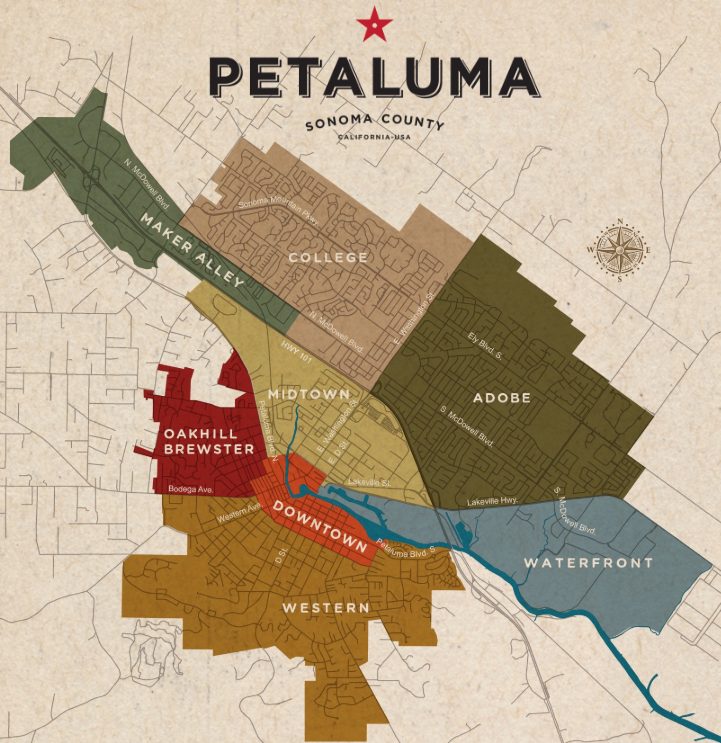Map showing the boundaries of the various neighborhoods of Petaluma