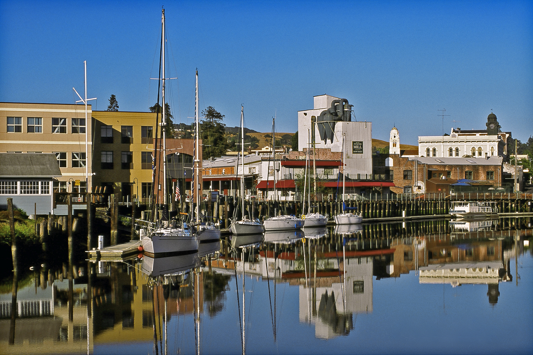 Image of downtown Petaluma, CA from the perspective of the Petaluma River