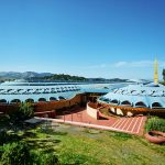 Frank Lloyd Wright’s Marin County Civic Center with blue roof and arched design in San Rafael, CA.